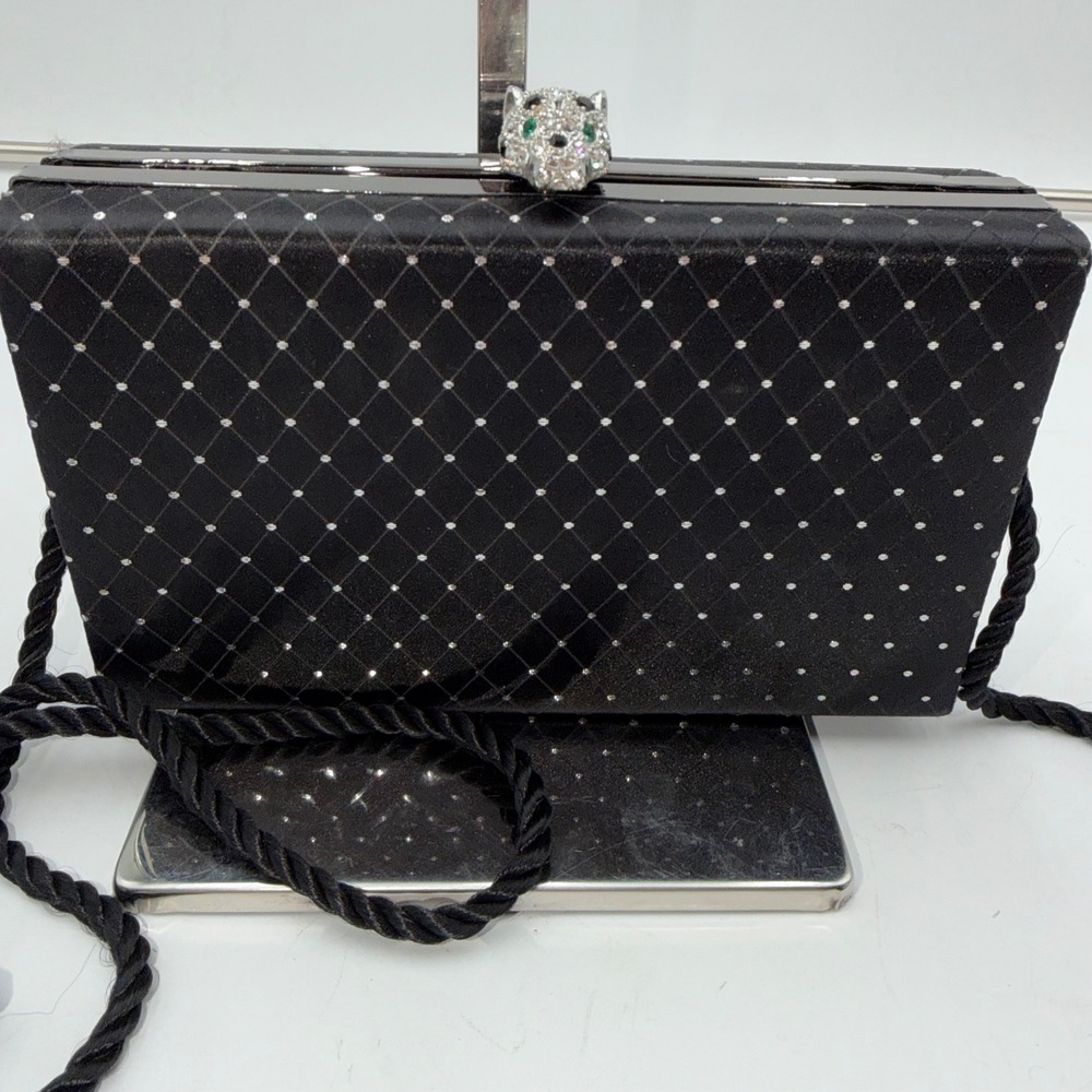 Kenneth J Lane Sparkling Black Clutch Evening Bag Rhinestone Panther Clasp - Picture 1 of 9